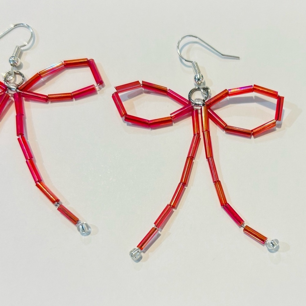 Handmade Red Bow Drop Earrings - Picture 6 of 6